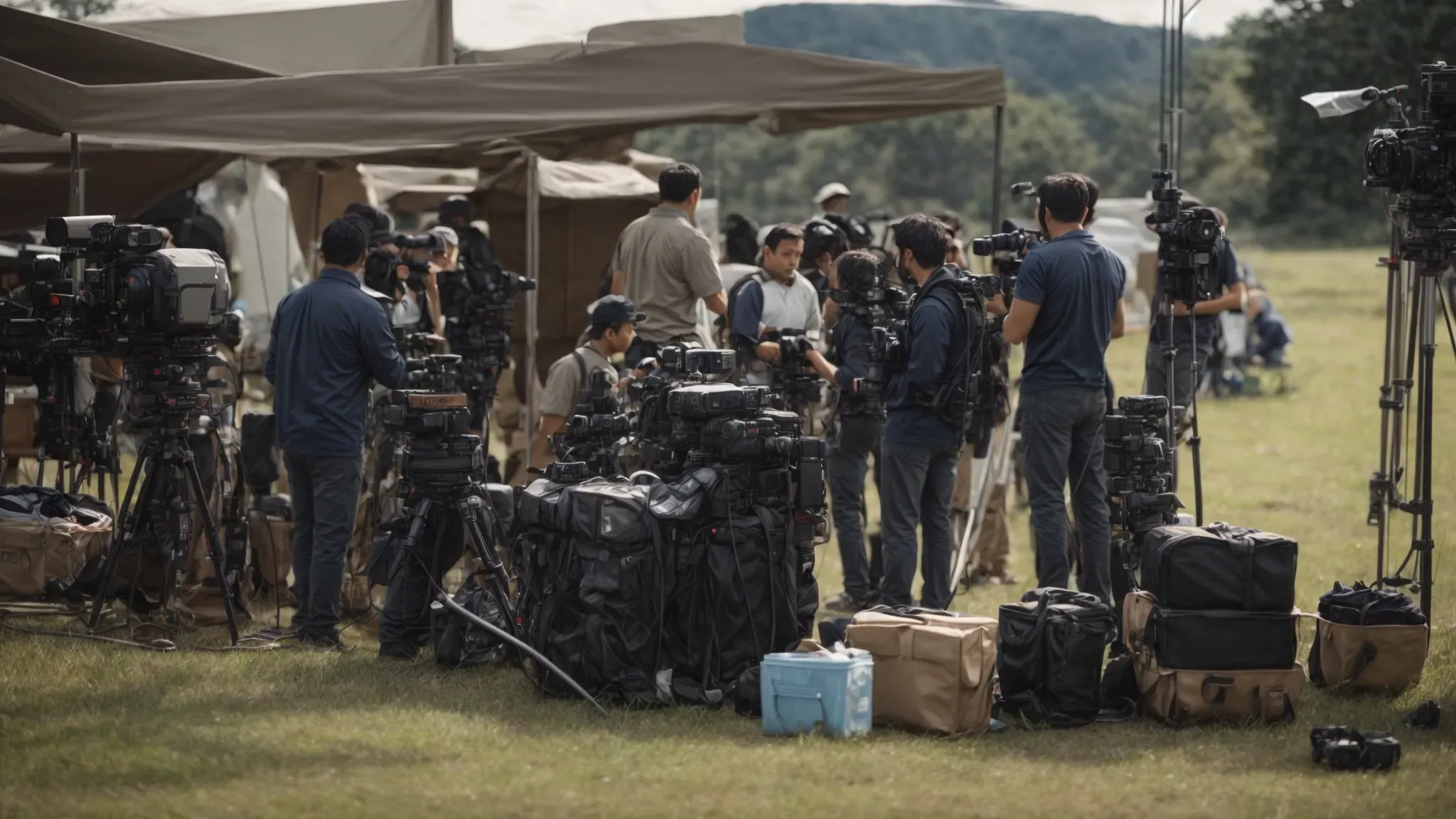 a film crew actively engaged on a bustling movie set, working together with each member focused on their specific task.