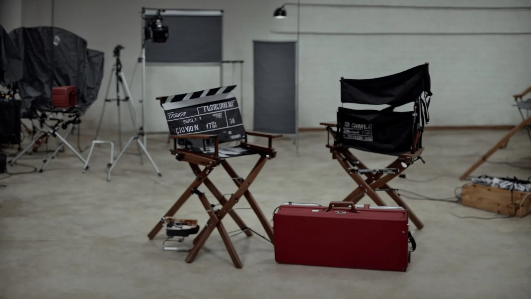 a director's chair in an empty film set with scattered equipment and a clapperboard in the background.