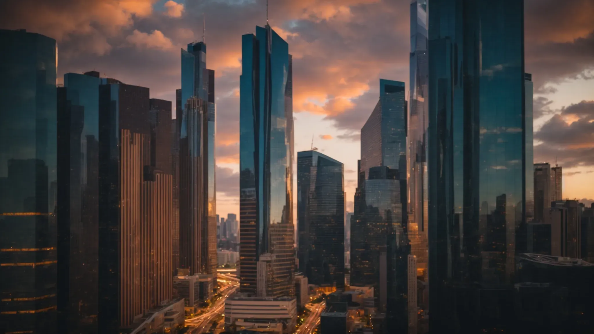 a skyline of a modern city with sleek skyscrapers gleaming under the sunset, symbolizing innovation and advanced financial landscapes.