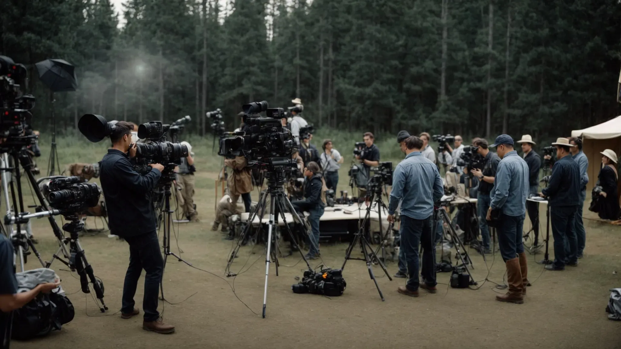 a film crew engaged in a collaborative discussion on set, with various equipment surrounding them.