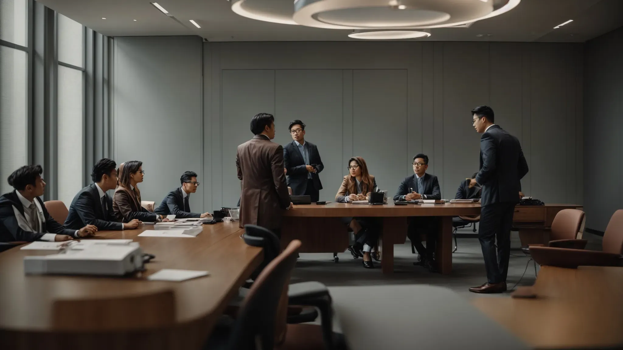 a meeting room with several people gathered around a table, discussing documents and plans.