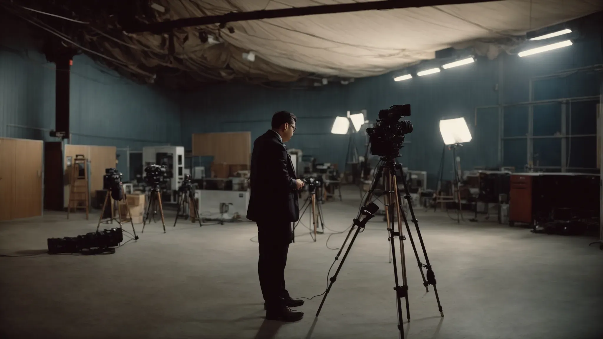 a director surveys an empty film set, poised to transform it into a storytelling tableau.