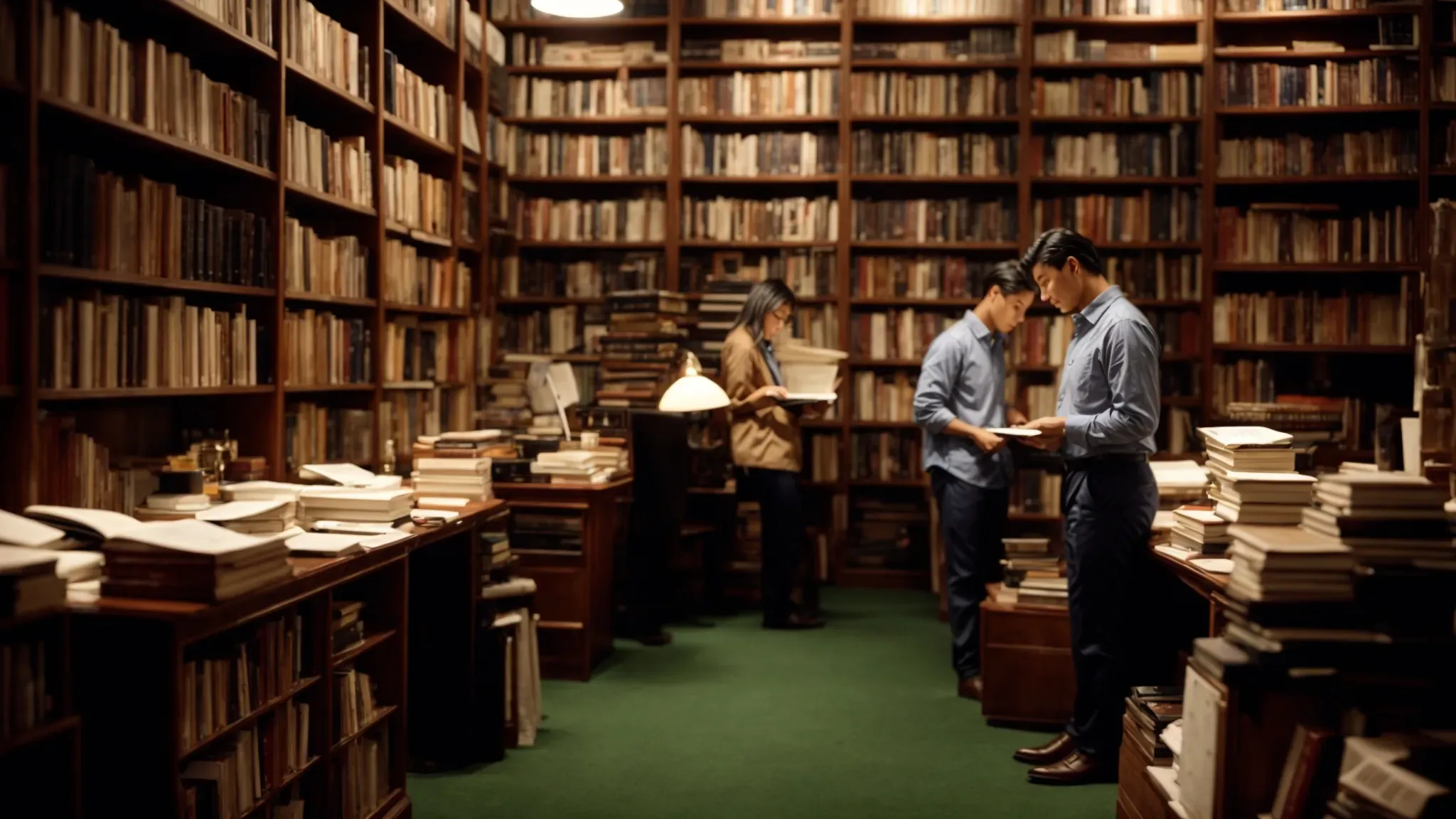 a dimly lit study filled with bustling screenwriters poring over thick novels and screenplay drafts, surrounded by towering bookshelves.