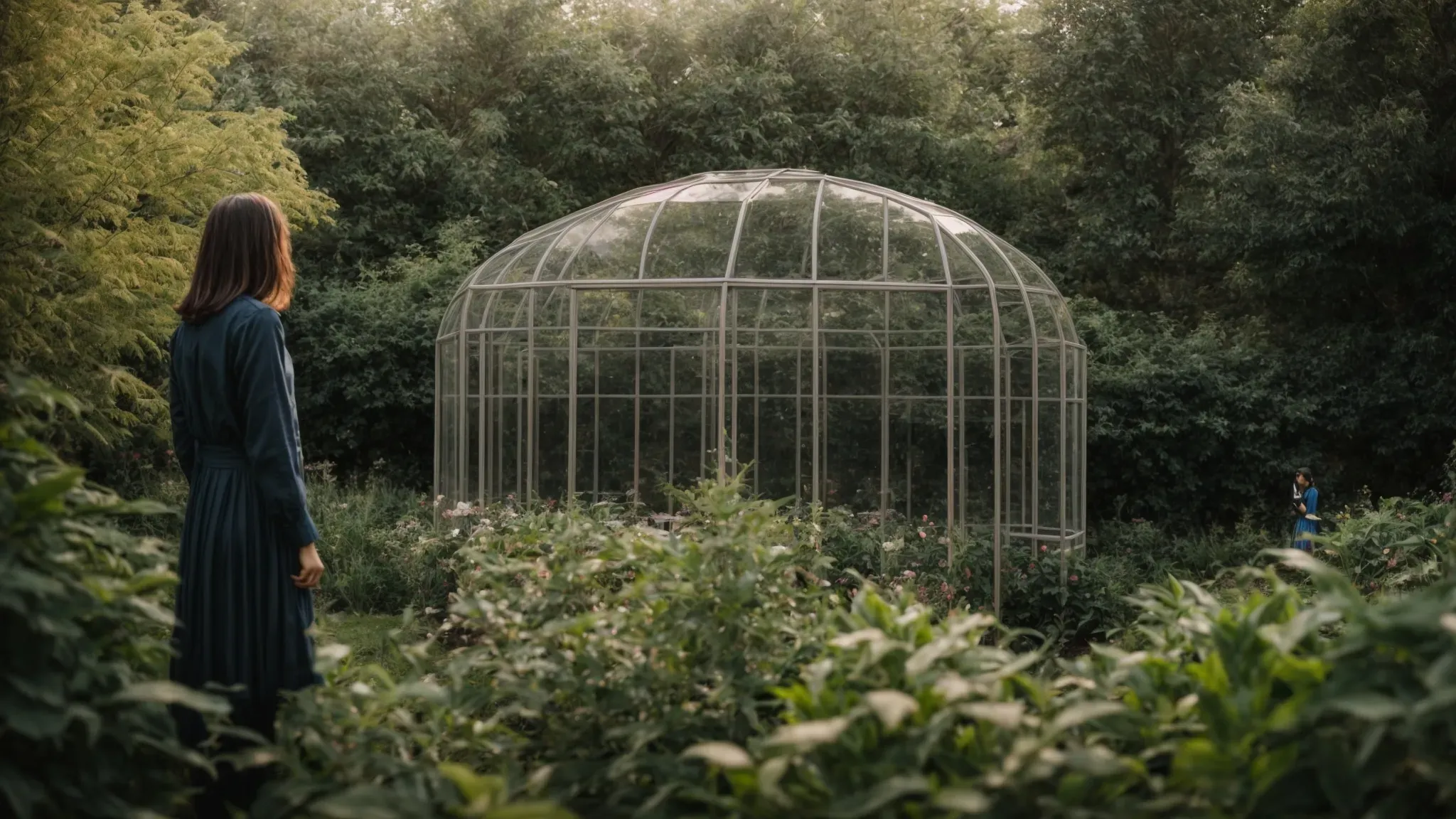 a person stands in a garden, visualizing the placement of a future aviary amidst the foliage.