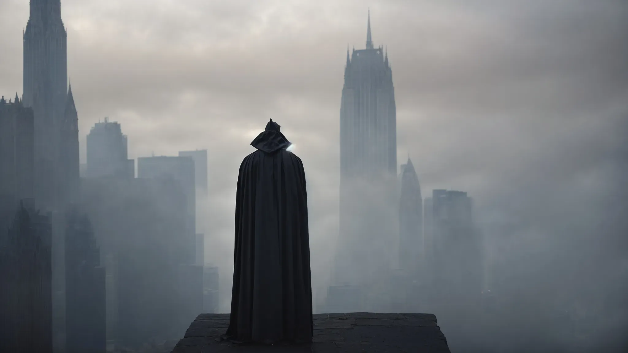 a cloak-draped figure stands atop gotham's foggy skyline, the city's gothic spires silhouetted against a brooding sky.
