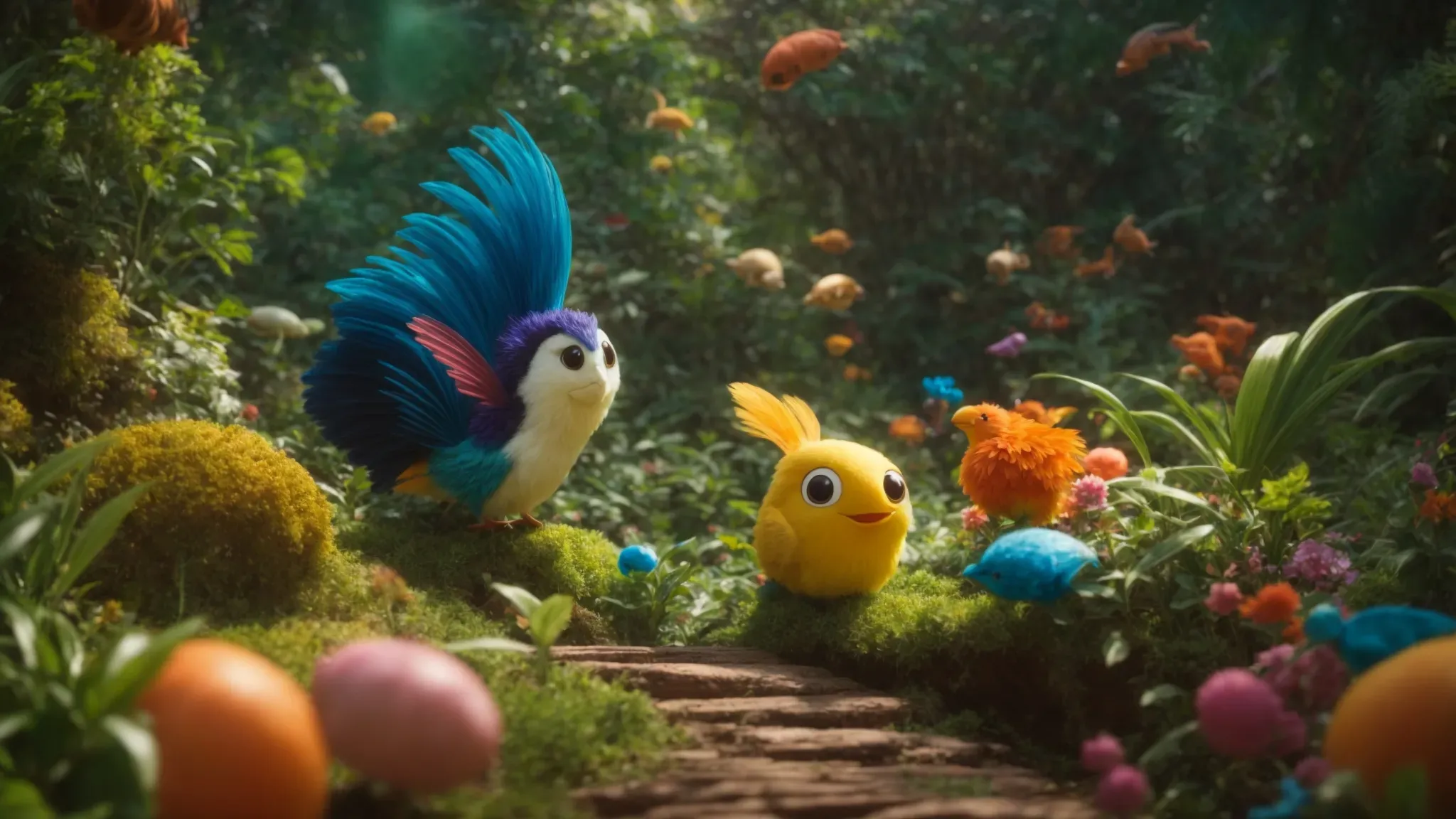 a vibrant array of animated characters joyously embarks on a whimsical journey through a lush, imaginative world.
