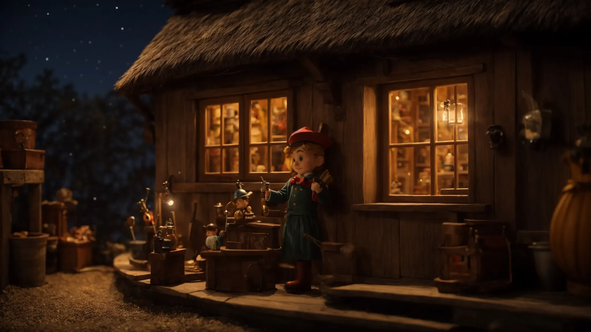 in a starlit sky, a twinkling star shines brightly over geppetto's workshop while pinocchio gazes out the window with wide-eyed wonder.