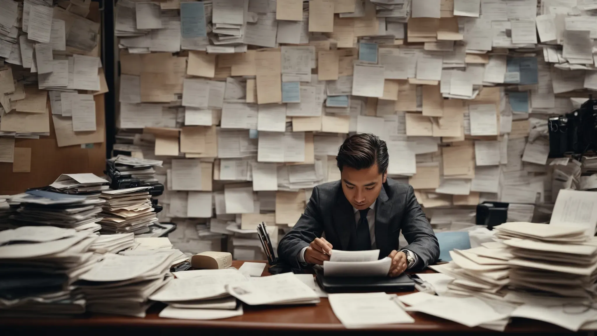 a production manager sits at a desk, surrounded by a flurry of passports and travel forms, amidst a bustling film set.
