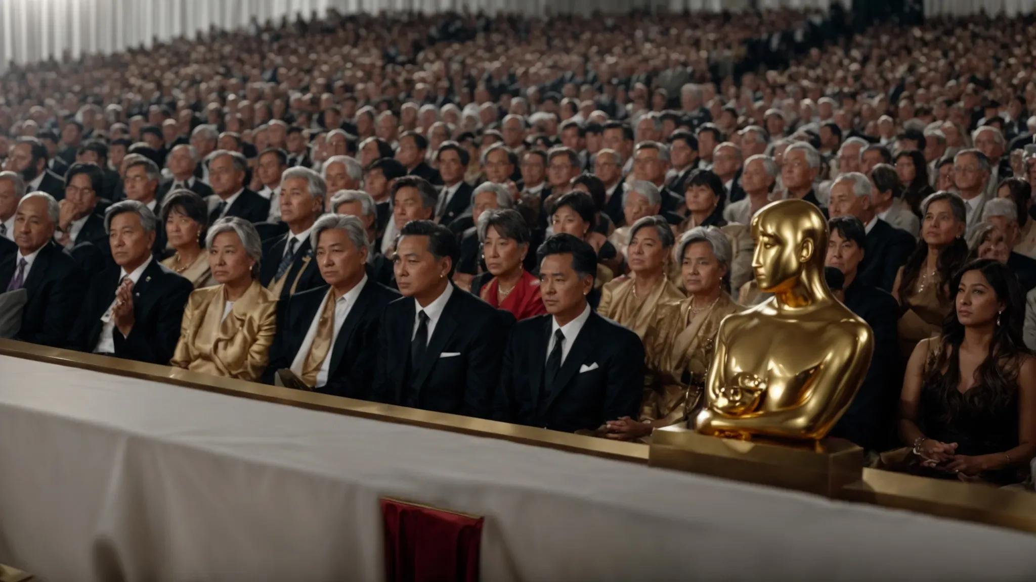 a prestigious award ceremony audience intently focused on a stage where an individual receives a golden statue.