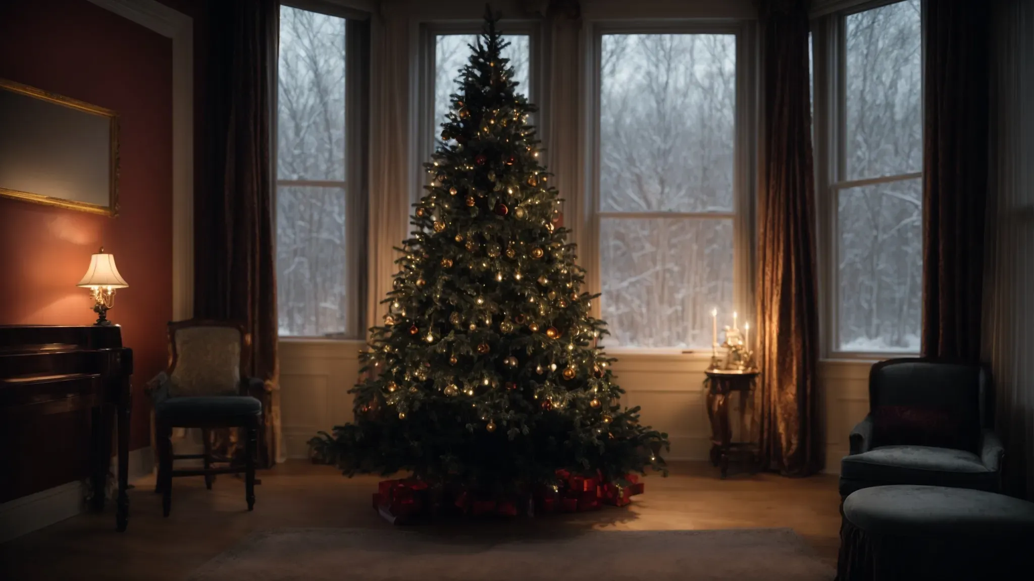 a spooky christmas tree shadowing an empty, dimly-lit victorian parlor, with faint traces of snow visible through a frosted window.