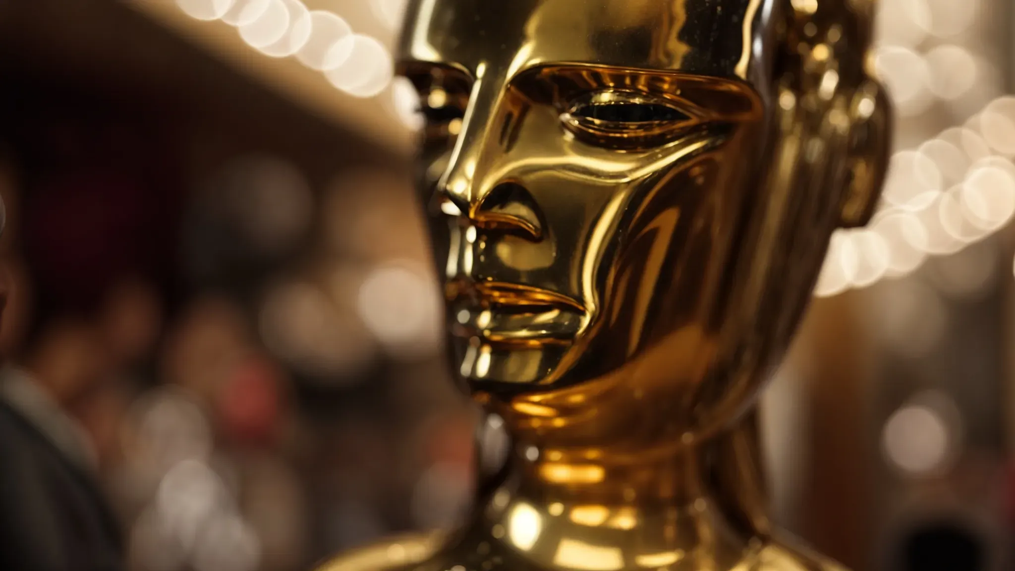 a gleaming oscar statue stands prominently at the foreground with blurred images of celebratory moments from iconic editing scenes in cinema history as a backdrop.
