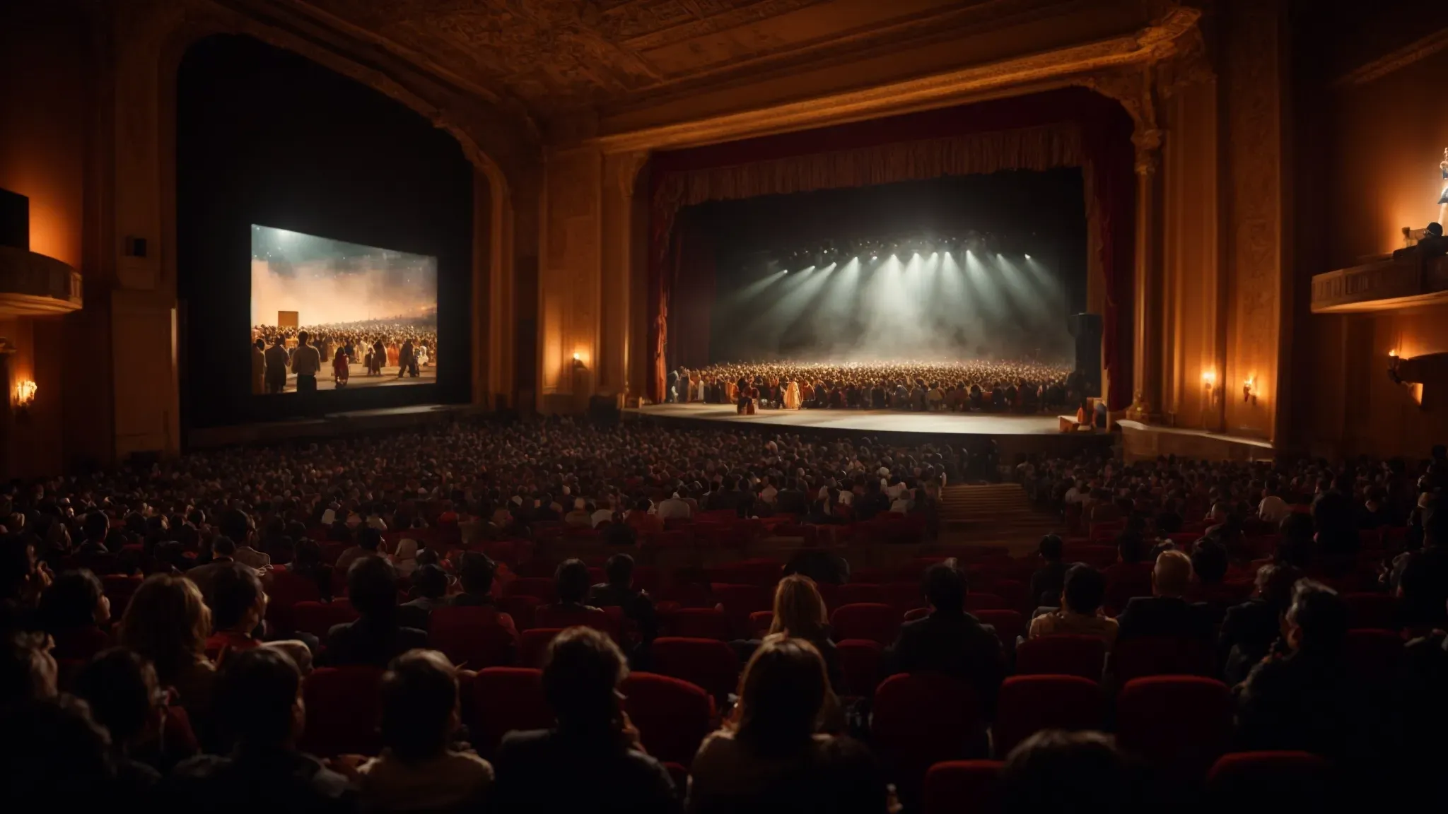 a panoramic theater packed with an excited audience, eyes wide with amazement as vivid scenes from groundbreaking movies illuminate the giant screen before them.