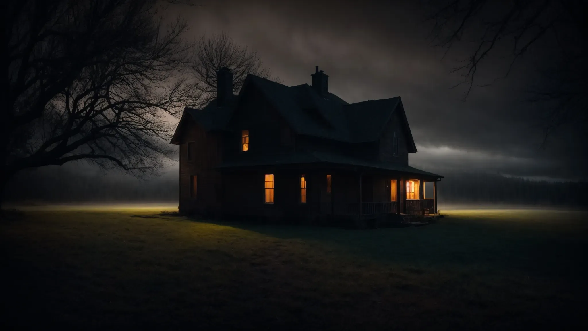 a dimly lit, eerie house shrouded in shadows under an ominous night sky, casting an eerie glow that forebodes an unsettling presence lurking nearby.