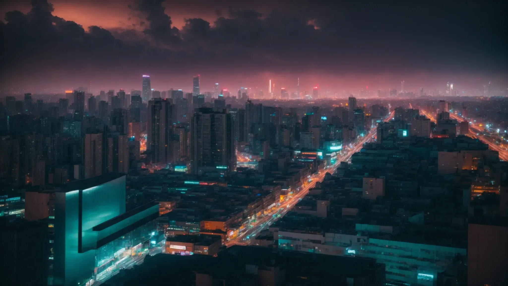 a vast cityscape at twilight, suffused with neon lights and futuristic architecture, under a brooding sky.