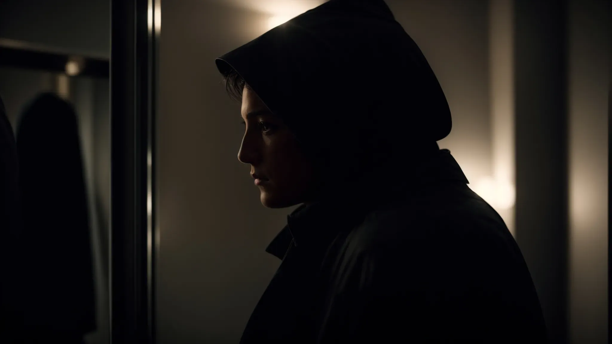 an actor cloaked in darkness, peering intently into the mirror in a dimly lit dressing room, contemplating the depth of their villainous character.