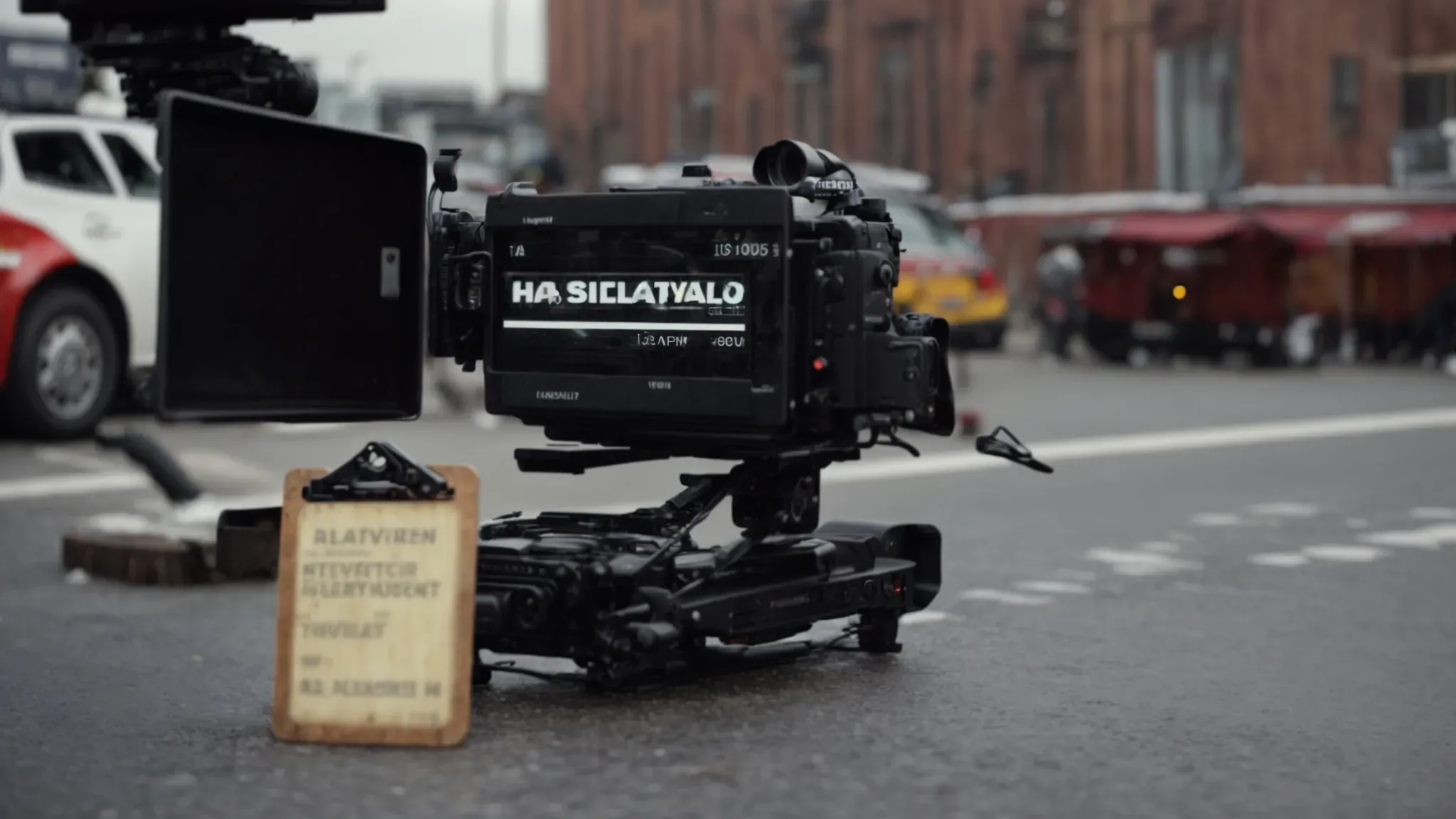 a clapperboard lies beside a camera on a bustling film set, ready for the next scene.