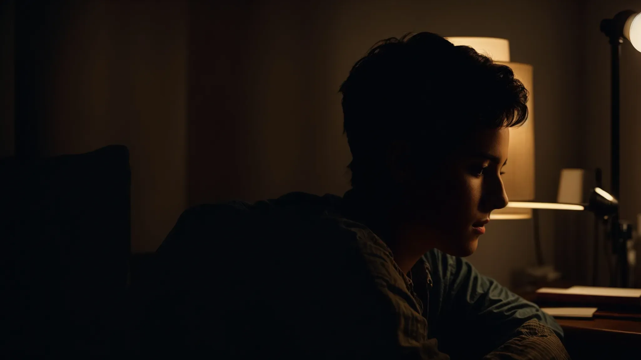 a person sitting in a dark room illuminated only by the glow of a computer screen, absorbed in reading a film blog.