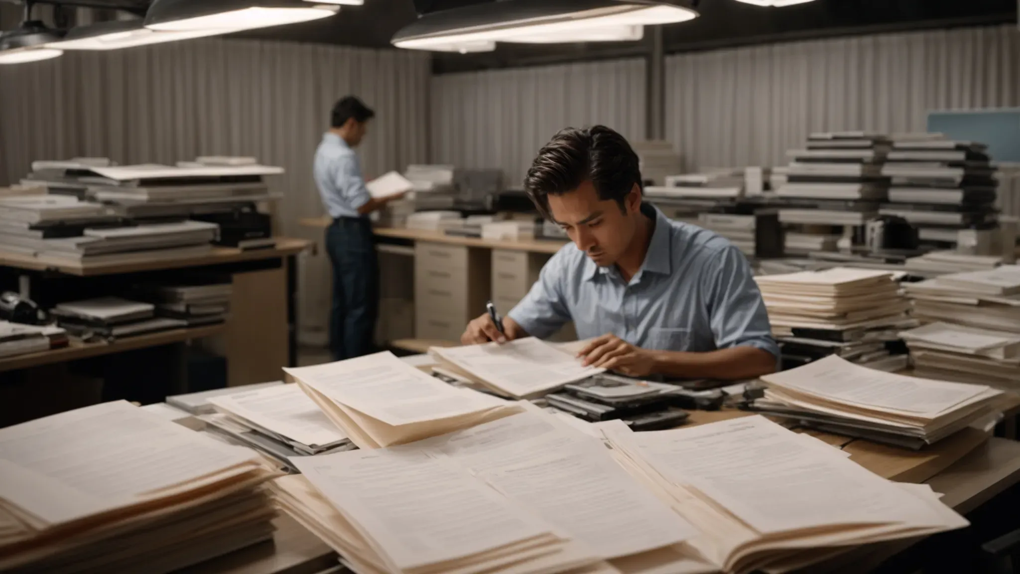 a filmmaker reviews a stack of forms and templates on a production desk amidst a bustling movie set using saturation techniques in film.