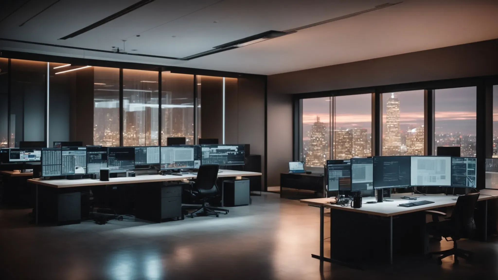 a sleek, modern office space illuminated by the soft glow of computer screens showcasing graphs and digital interfaces.