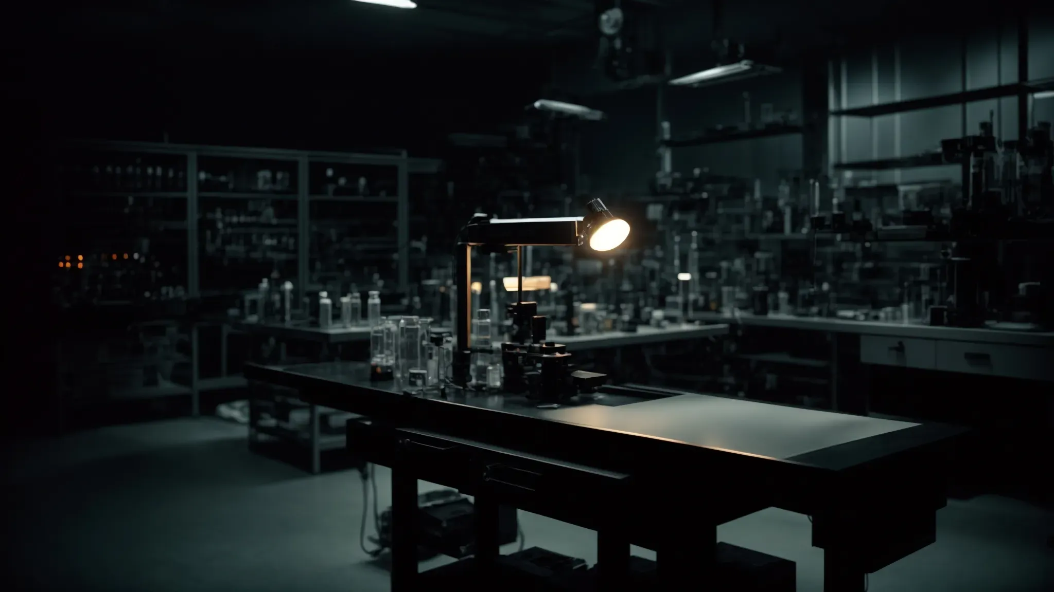 a dimly lit laboratory with scattered scientific equipment and a solitary figure standing over an ambiguous, shadowy form on an operating table.