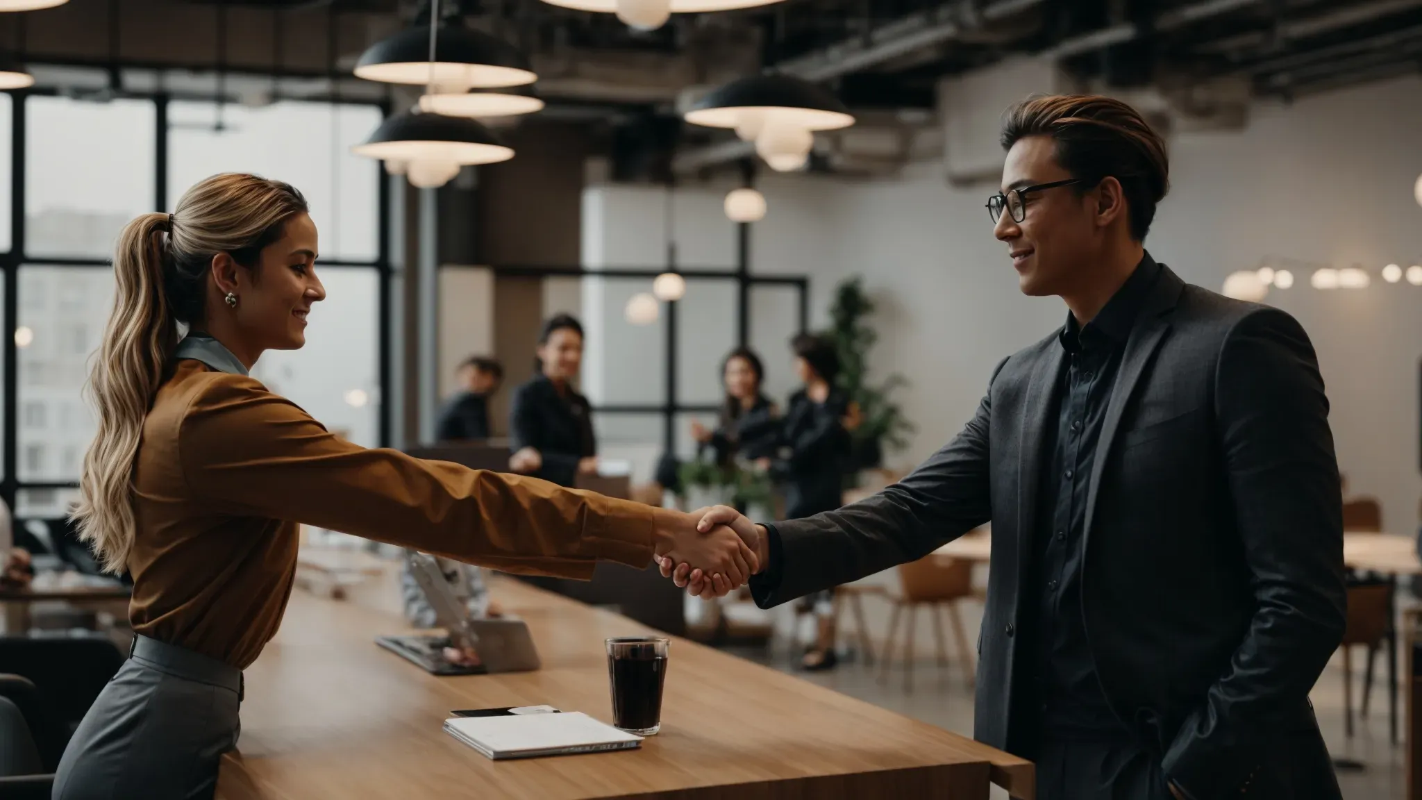 a marketing executive shaking hands with a stylish influencer in a modern co-working space.