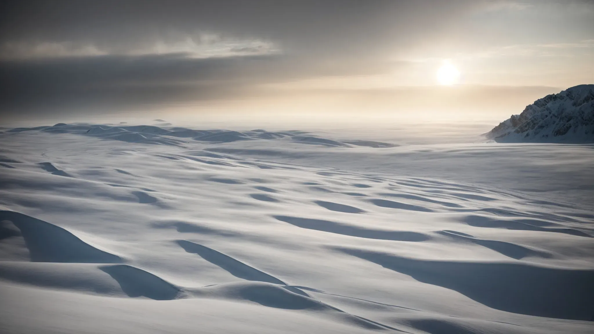 a desolate snowy landscape stretching towards the horizon under a dim, distant sun captures the stark isolation and treacherous beauty of dr. mann's planet in 