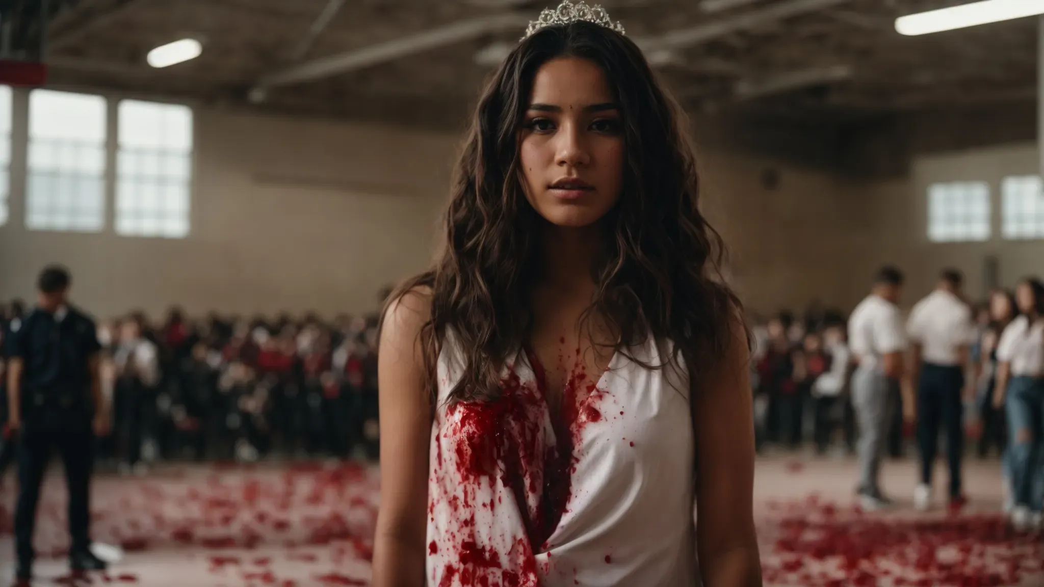 a disturbed prom queen covered in blood stands amid chaos in a high school gymnasium.