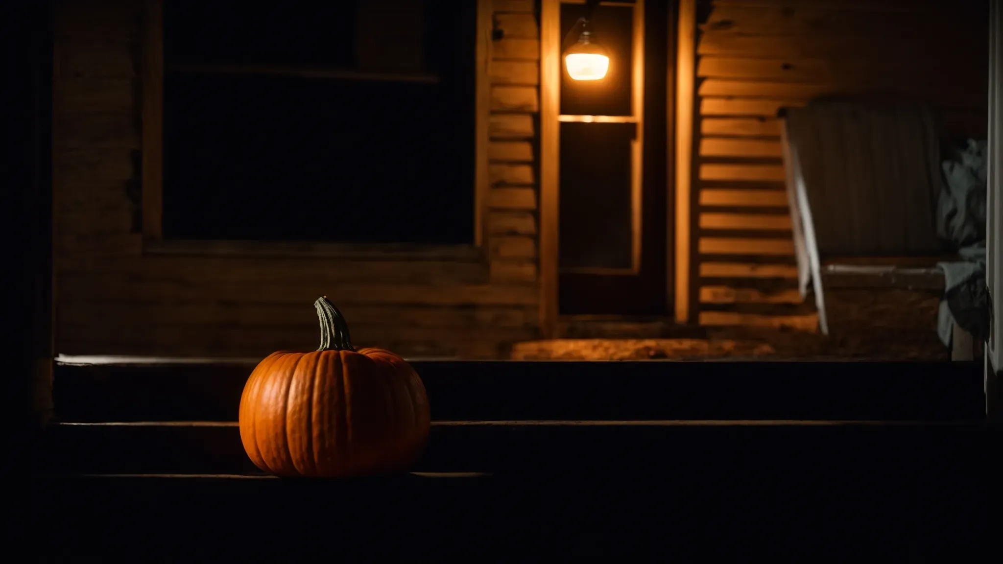 a dimly lit, eerie pumpkin sitting on a porch at night, casting ominous shadows.