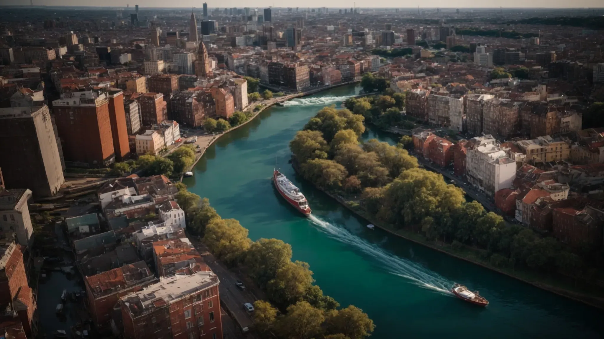 a city skyline morphing into a flowing river, with buildings transforming into boats and the sky filled with swirling, colorful clouds.