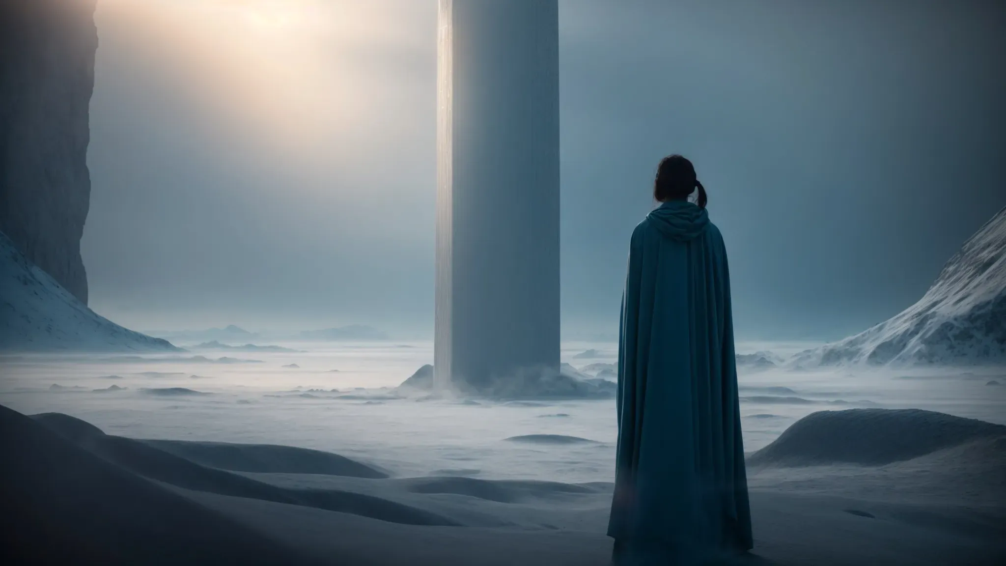 a linguist stands before a massive, translucent alien monolith, awe evident in her posture as she faces the unknown script glowing softly upon its surface.