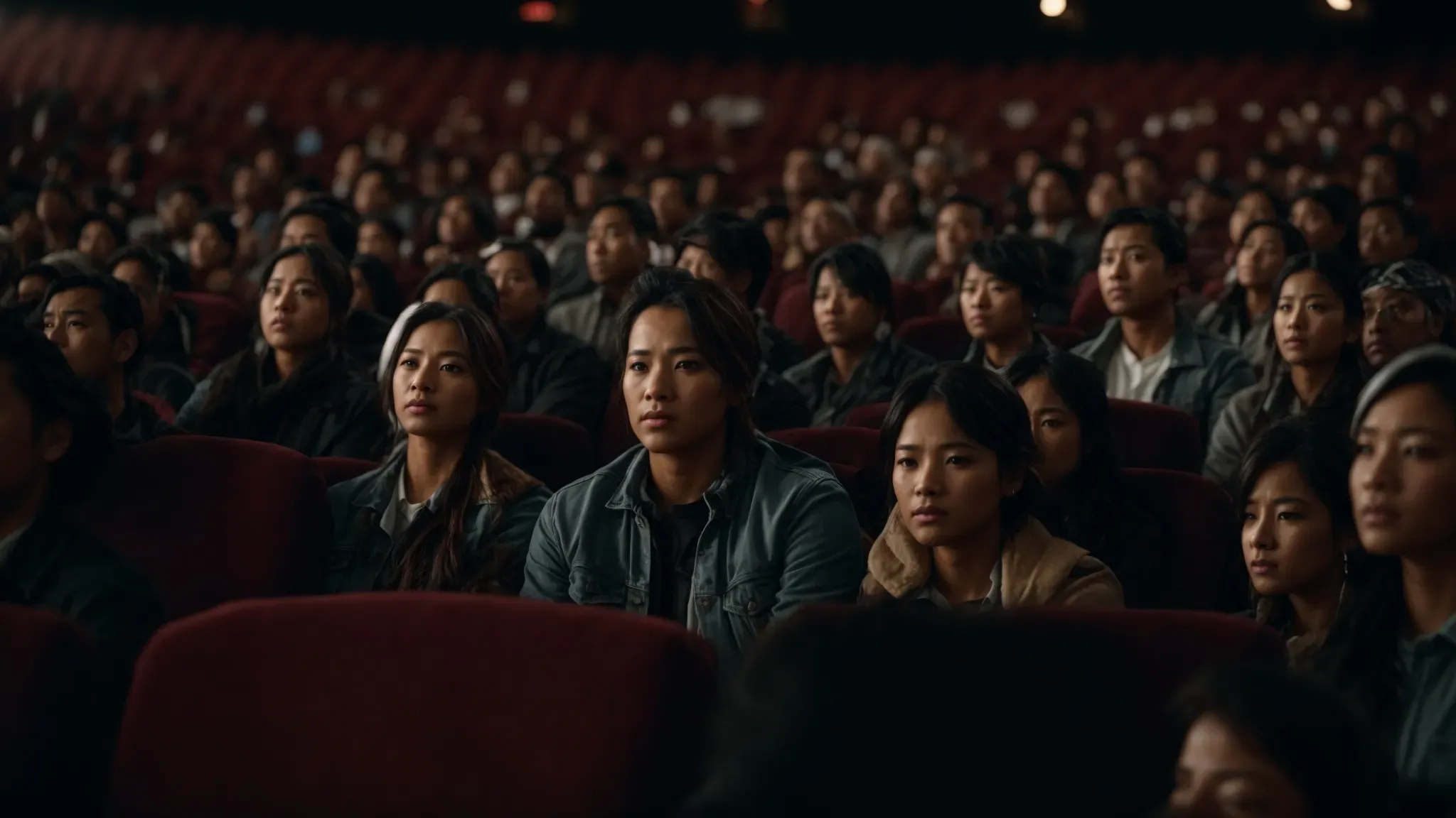 a diverse movie audience sits in a dark theater, their eyes fixed on the bright, captivating scenes of a new blockbuster film.