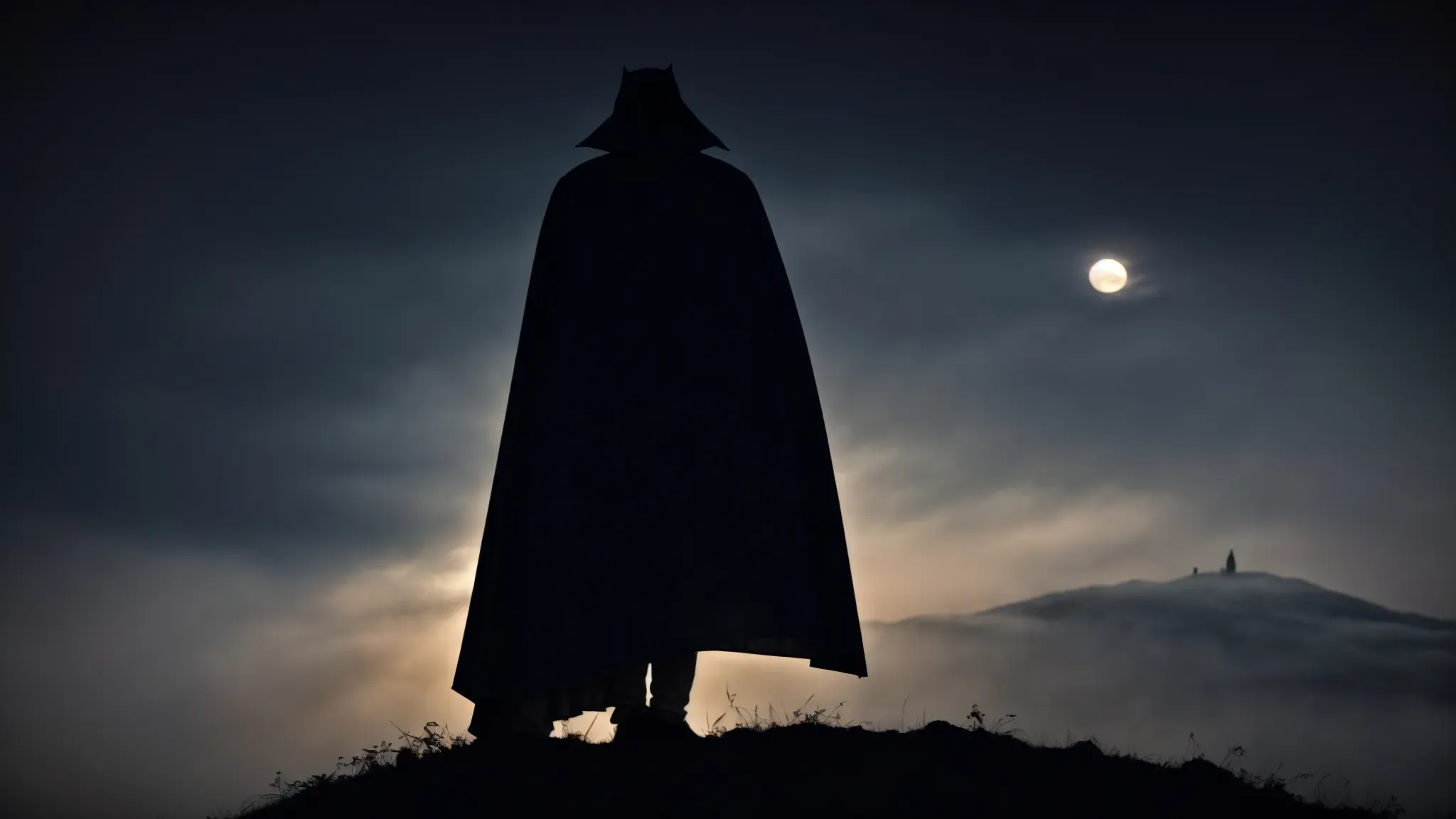 a silhouette of a vampire with a dramatic cloak, standing atop a mist-covered hill under a full moon, embodying the eerie yet whimsical essence of 1980s vampire cinema.