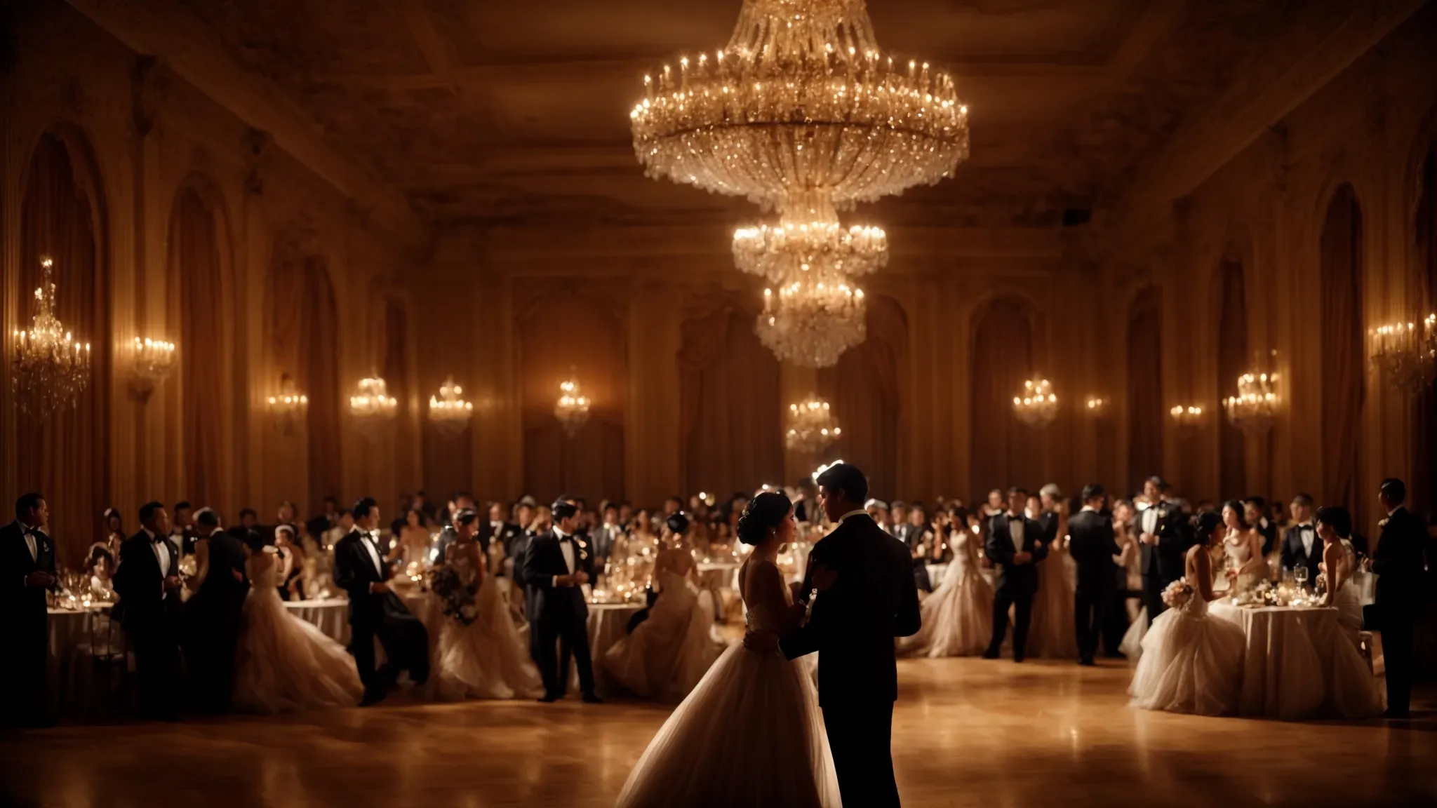 a dimly lit ballroom filled with elegantly dressed couples, dancing under grand chandeliers, with every fabric, furniture piece, and uttered phrase transporting viewers to a bygone era.