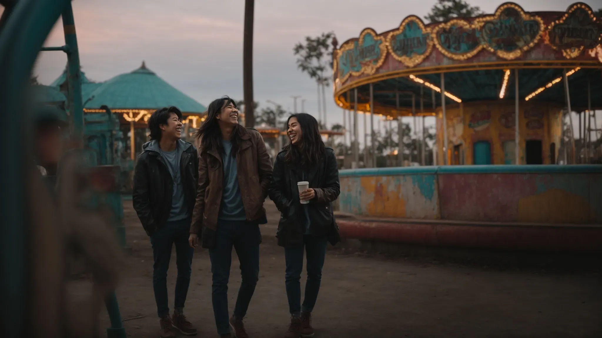 a group of friends laughing together in a dilapidated amusement park at dusk, with abandoned rides in the background.