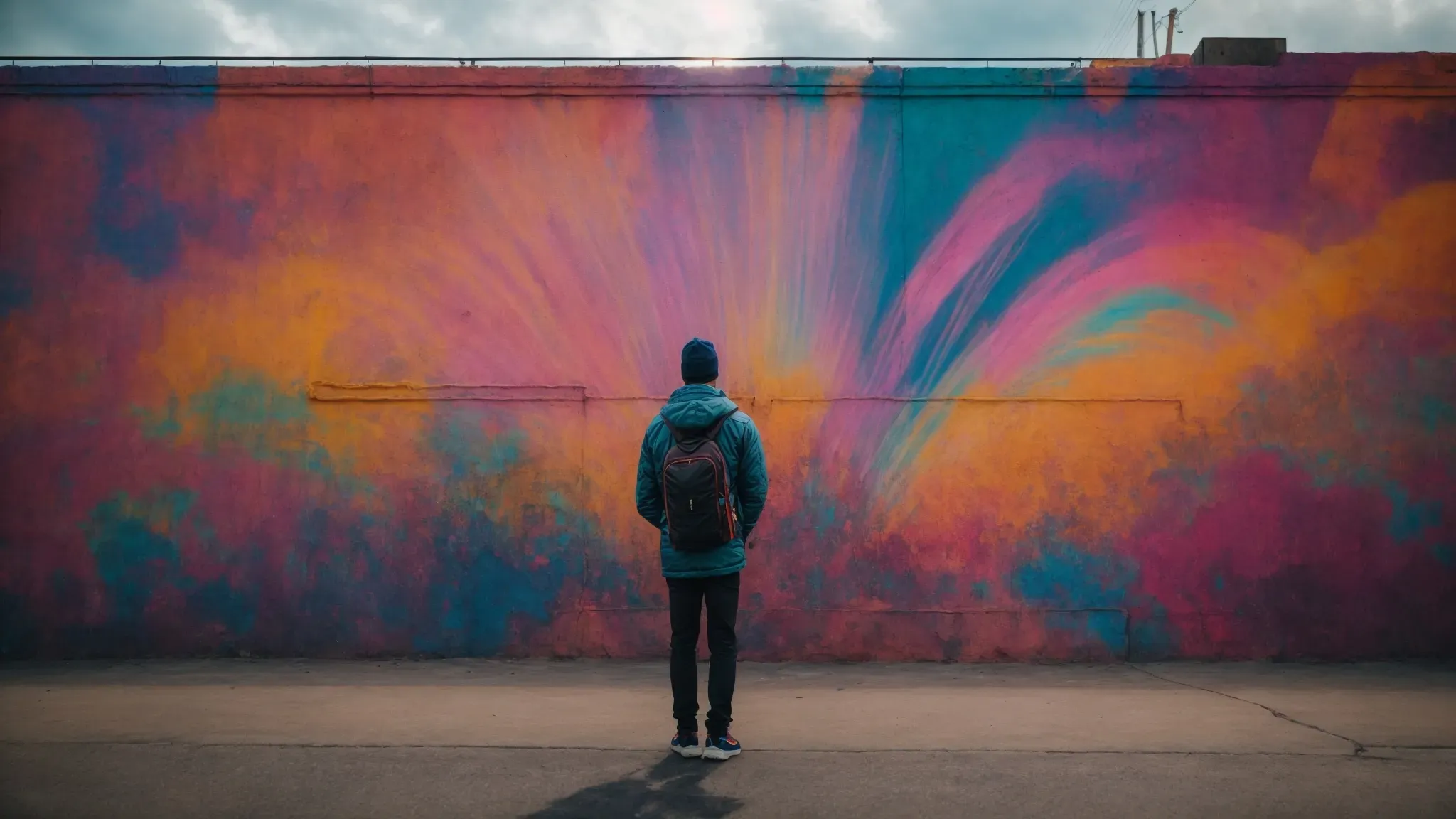 a person stands contemplatively before a vibrant mural, notebook in hand, absorbed in the riot of colors.