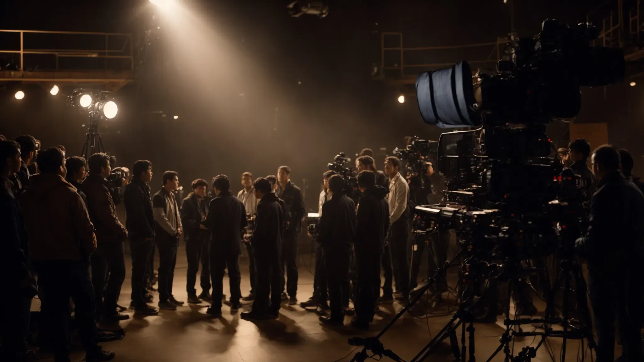 a director stands confidently before a film set, with the crew attentively gathered around as a scene is prepared under the glow of stage lights.