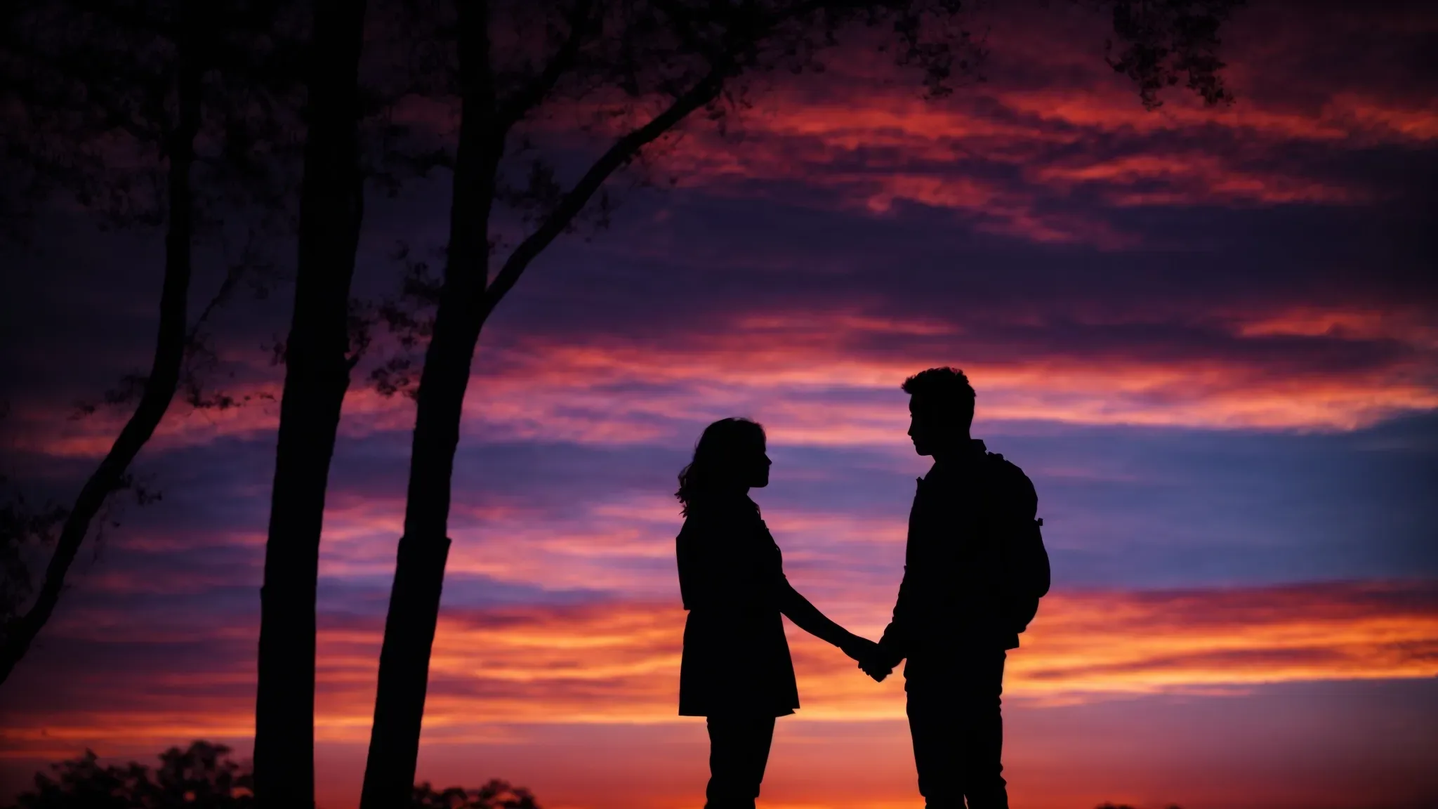 a couple stands together at sunset, silhouetted against a vibrant sky, gazing deeply into each other's eyes.