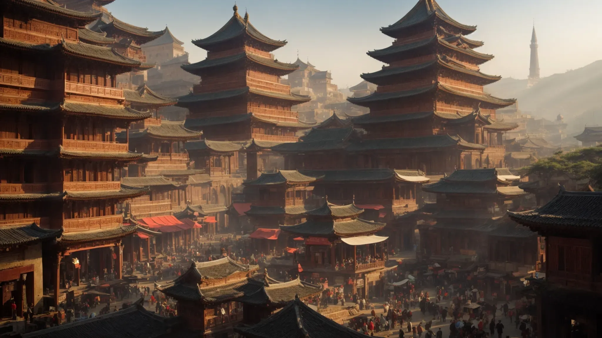 a sprawling, intricately designed set depicts a bustling ancient city, complete with towering structures and a vivid marketplace.