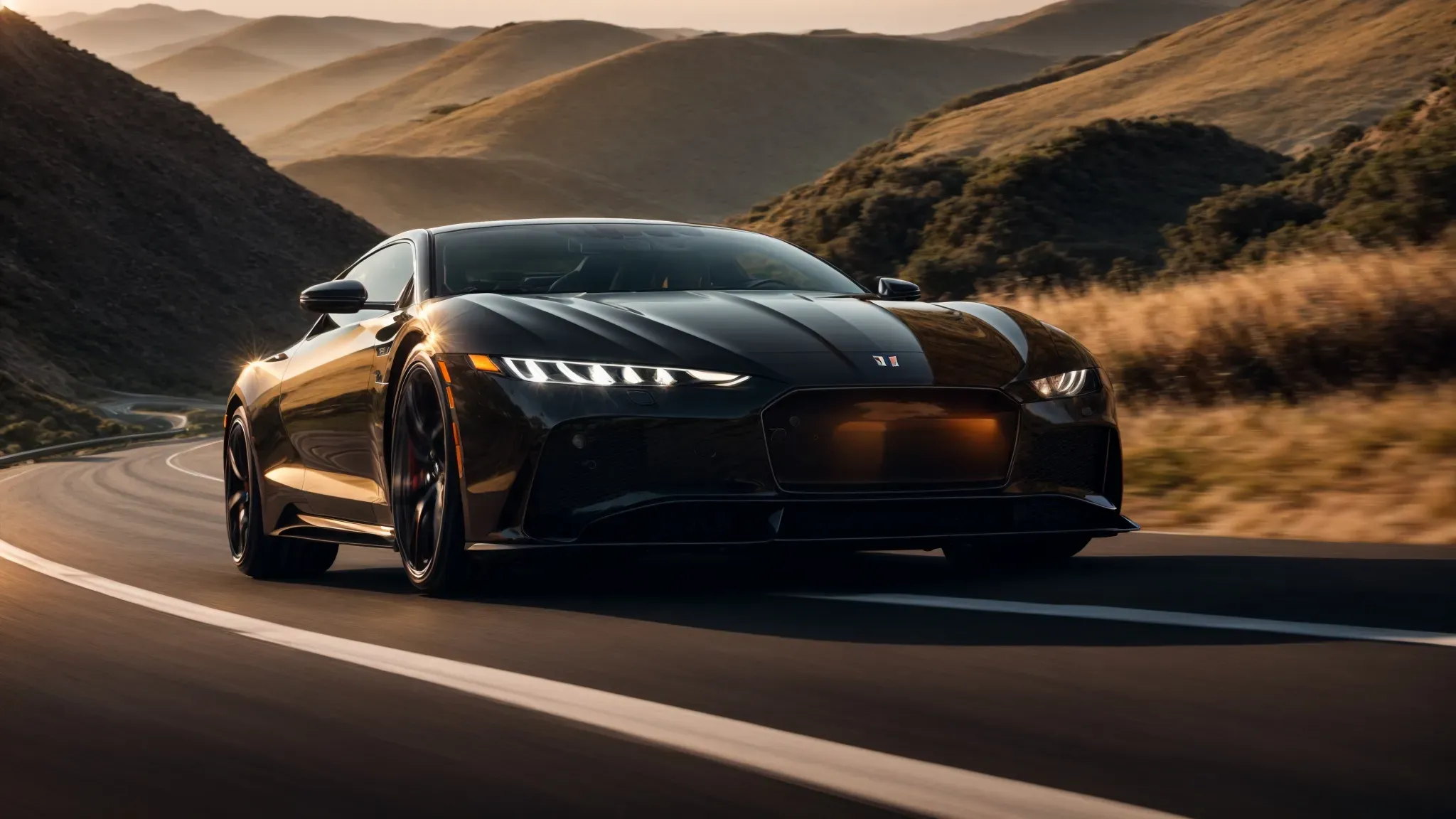 a sleek car speeds along a coastal road, embodying freedom and luxury as the sunset reflects off its polished surface.