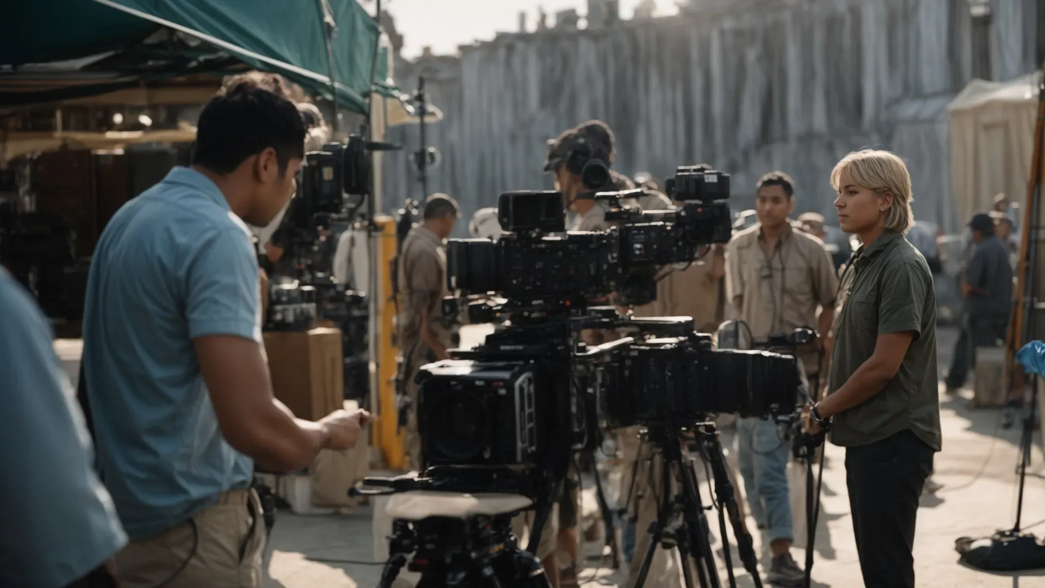 a producer stands confidently on a film set, overseeing the bustling activity of crew members setting up a scene.