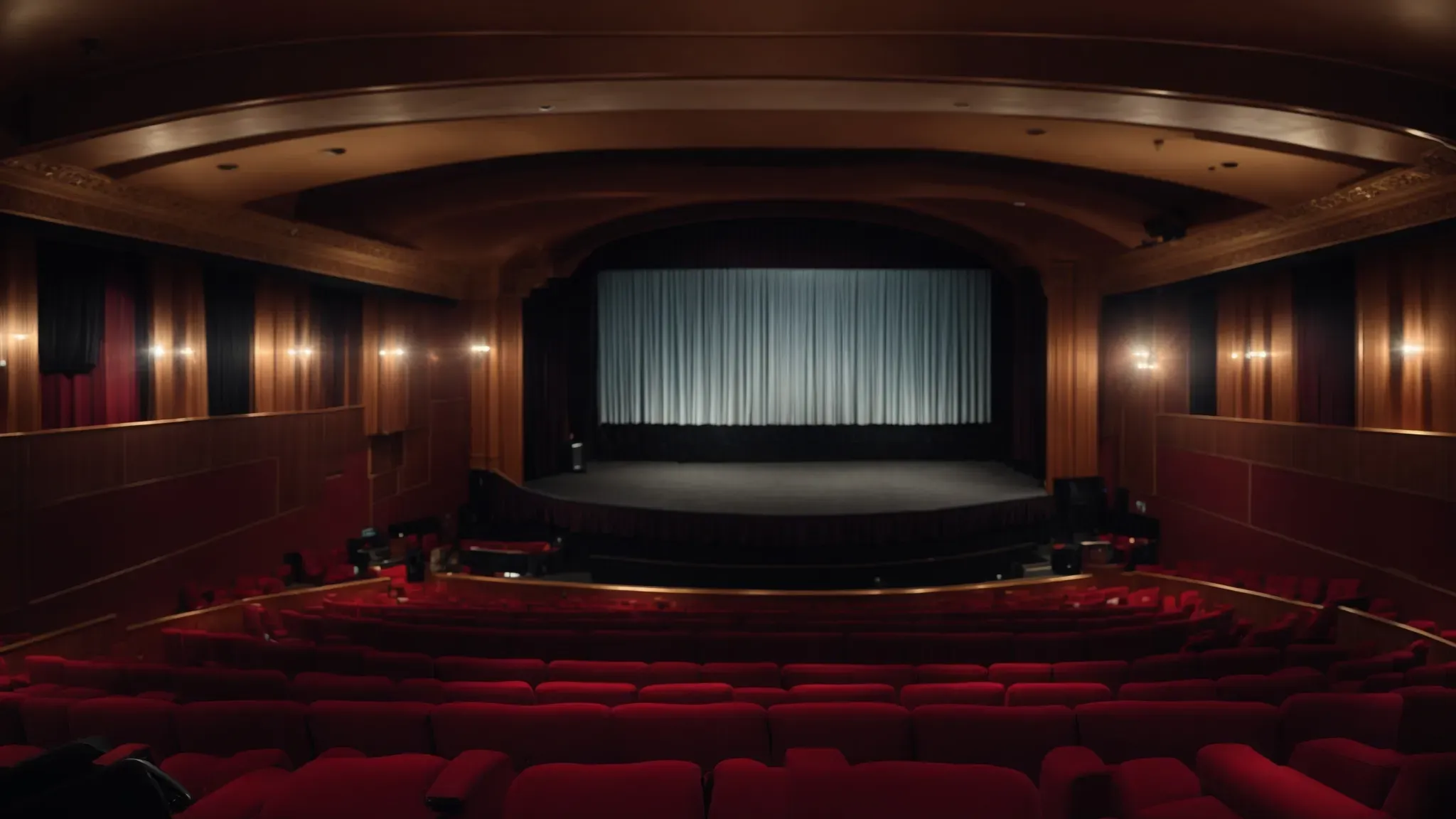 a wide-angle view of an opulent cinema hall, empty yet filled with anticipation, moments before the screening of a groundbreaking international film begins.