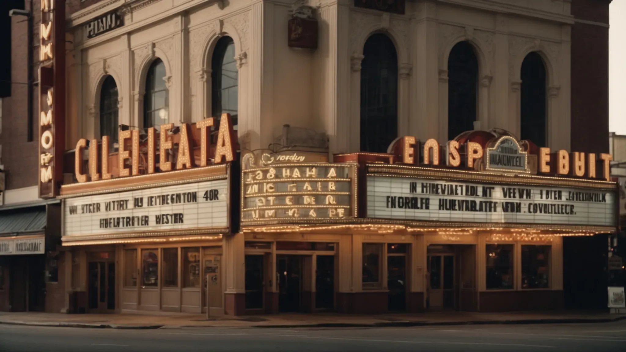 a classic movie theater marquee lights up a bustling street corner, inviting viewers to indulge in cinematic history.