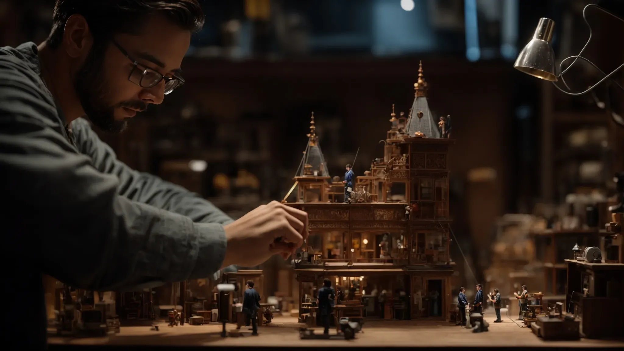 a stop motion animator adjusts a meticulously crafted character on a miniature set, capturing the intricate essence of its designed personality.
