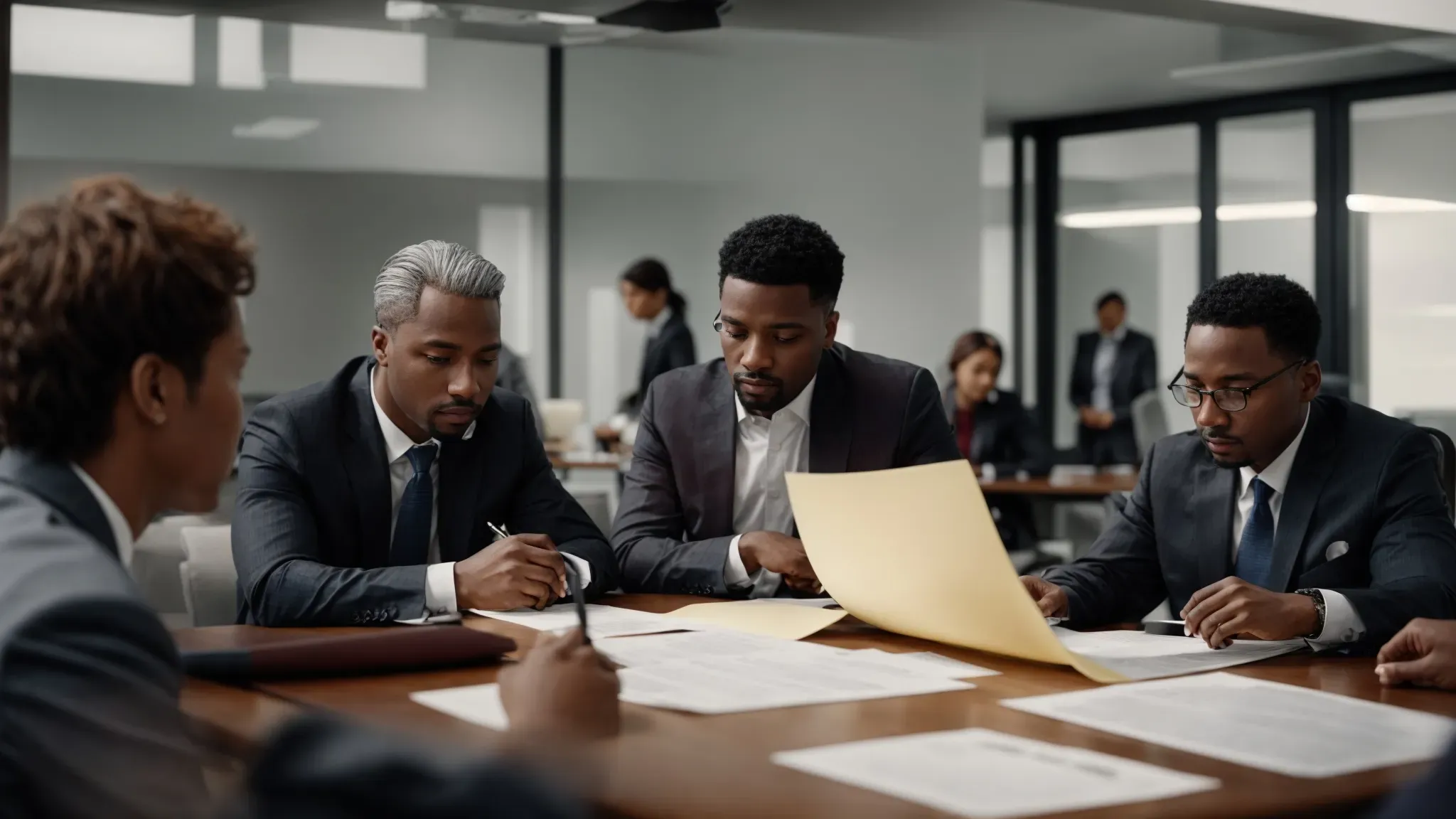 a group of professionals gathers around a conference table, intently discussing documents spread out before them.