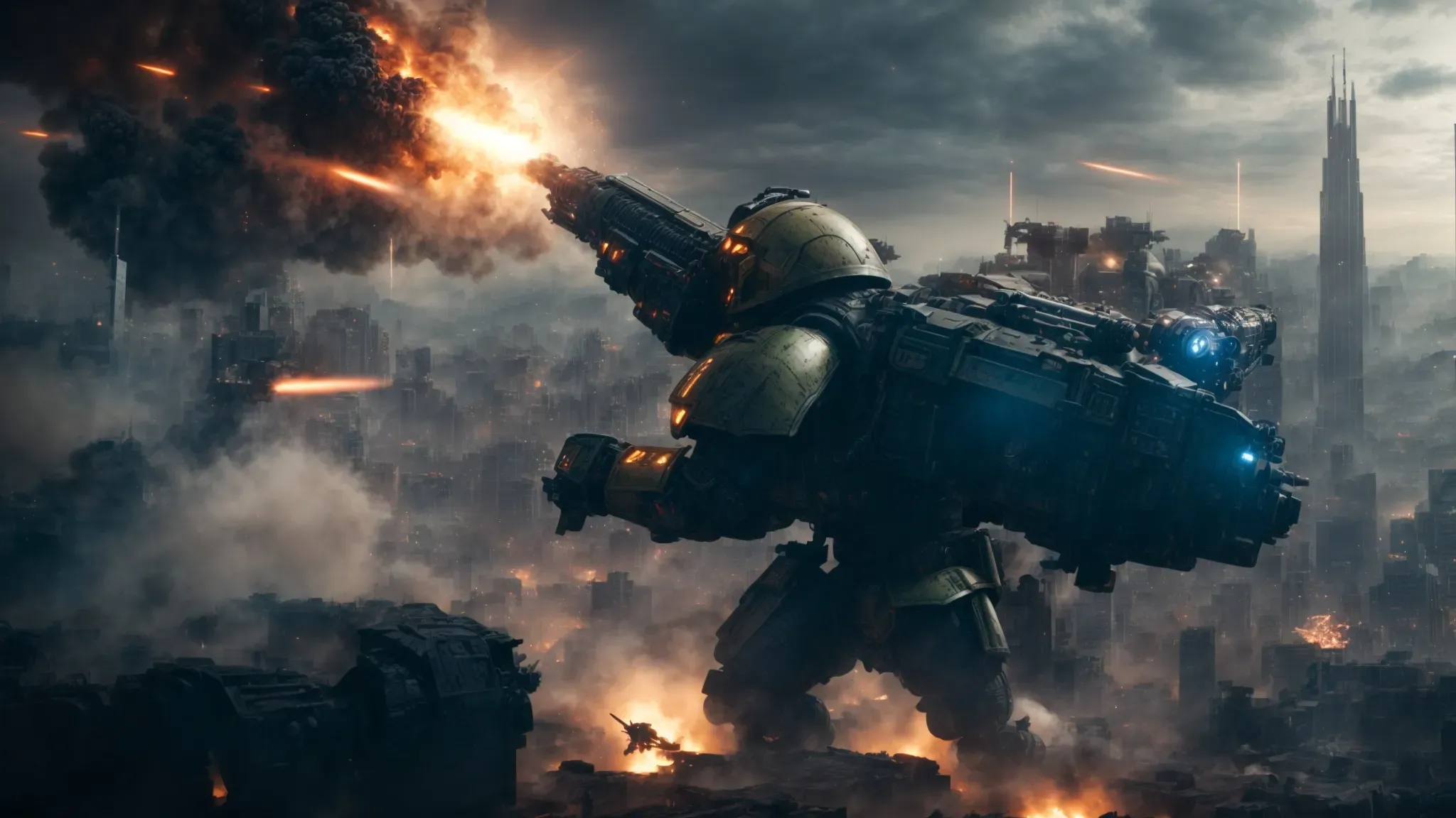 a space marine battles monstrous aliens amidst a futuristic cityscape, lasers flashing in the chaotic fight for survival.
