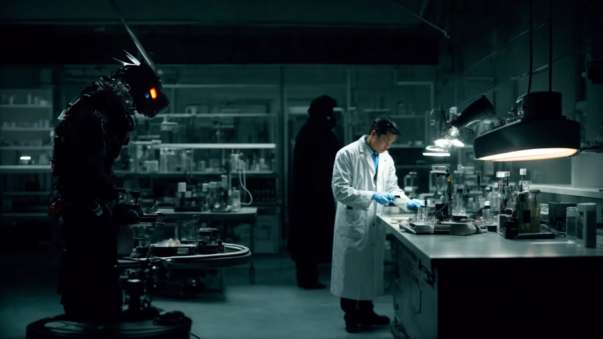 a dimly lit laboratory with scattered futuristic gadgets and a shadowy figure examining a grotesque hybrid creature on an operating table.