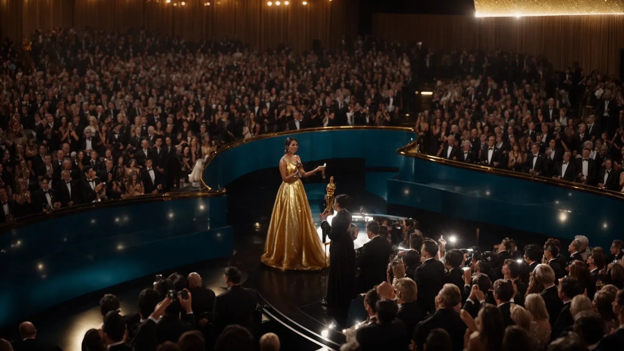 a radiant actress stands on stage at the oscars, holding her golden trophy aloft amidst a sea of applauding peers.