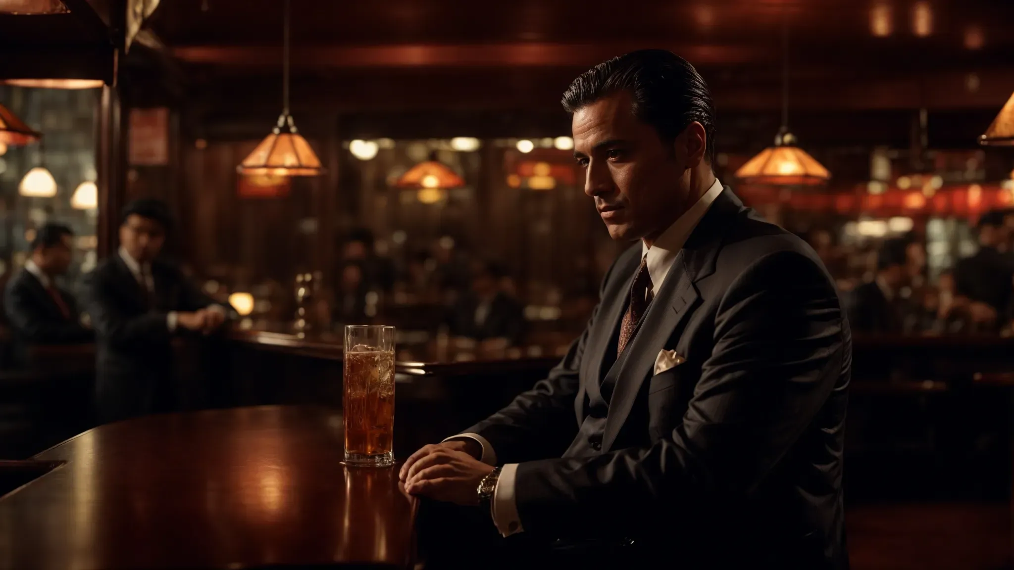 a mafia boss, clad in a sharp suit, sits solemnly at an old-fashioned bar, surrounded by the dim glow of vintage lamps and the silent presence of his trusted associates.