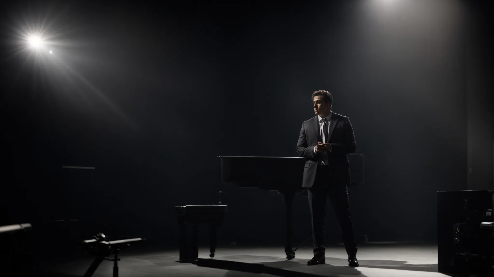 an actor intensely rehearses a scene on an empty stage under a single spotlight.