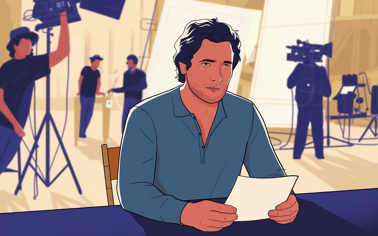 a producer and director attentively discussing over a clipboard amidst a bustling film set.